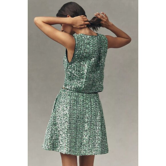 Anthropologie Maeve Sequin Tweed Mini Skirt Green XL - Picture 2 of 3